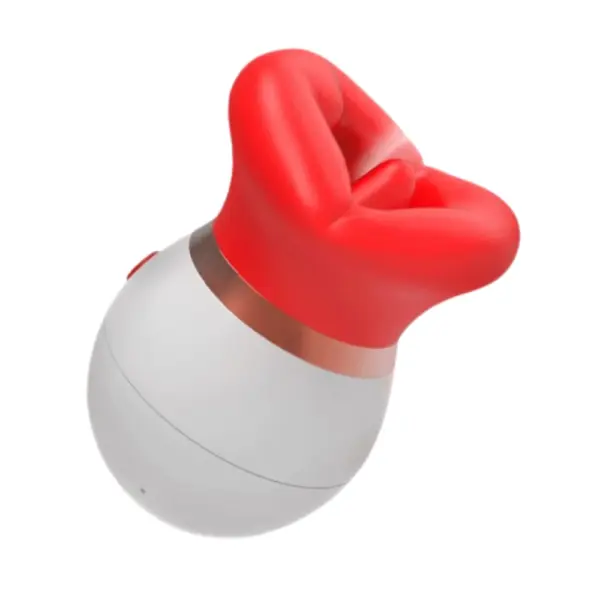 Side profile of the Fleur Kiss 3 in 1 Clit Vibrator highlighting the red silicone mouth-shaped head and the ergonomic white handle beneath it.