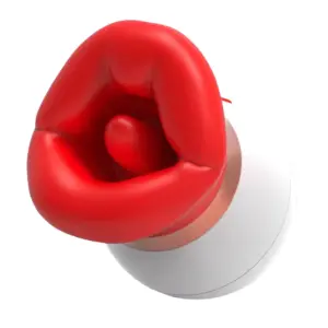 Angled view of the Fleur Kiss 3 in 1 Clit Vibrator showing its bright red silicone lip–shaped suction head mounted on a smooth white oval base.