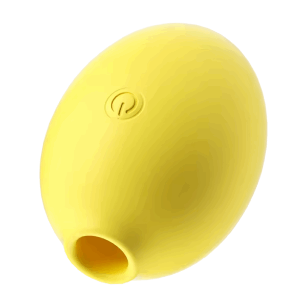 The Lemon Shaped Suction Vibrator from Citric Lust in a vibrant yellow finish, featuring a soft silicone body, oval shape, and suction opening at one end.