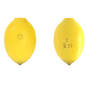 Front and back view of the Citric Lust Lemon Shaped Suction Vibrator showing its compact citrus-like shape, power button, and discreet charging port.