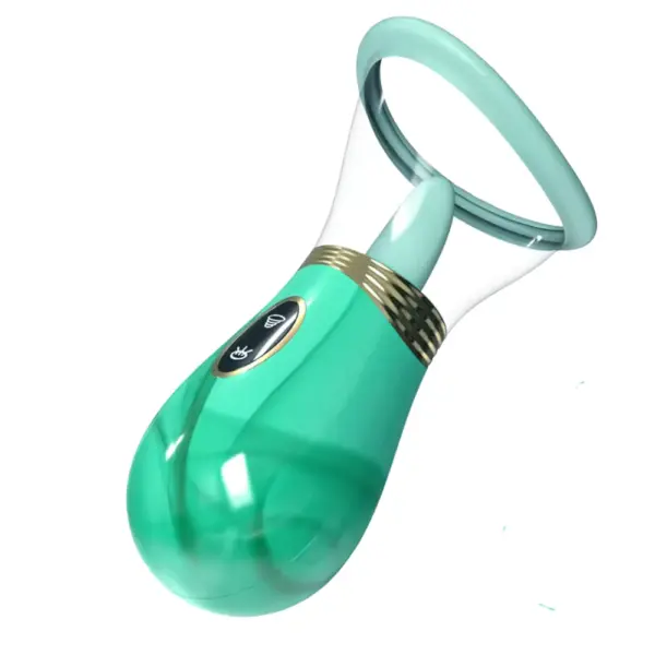 Mint Luscious Lick licking and sucking vibrator angled to highlight rotating tongue inside suction chamber