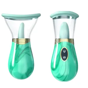 Front and side views of mint Luscious Lick licking and sucking vibrator showing control buttons and suction bell
