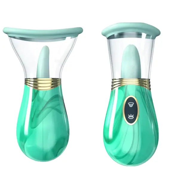 Front and side views of mint Luscious Lick licking and sucking vibrator showing control buttons and suction bell