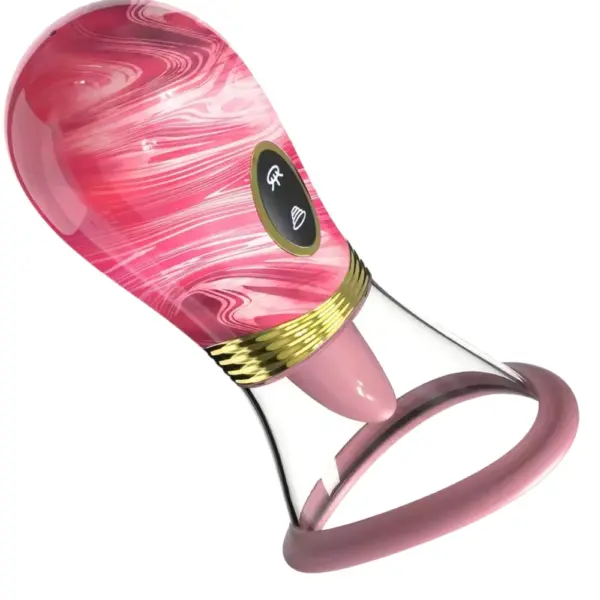 Luscious Lick licking and sucking vibrator in pink swirl finish showing suction bell