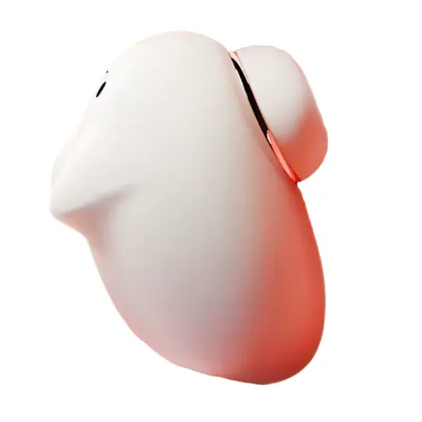 Side‐view of the Kitty Swirl cat-shaped discreet sucker vibrator showing its smooth white silicone body with two small cat ears, accented by a rose-gold metal ring and sitting in its orange silicone base.