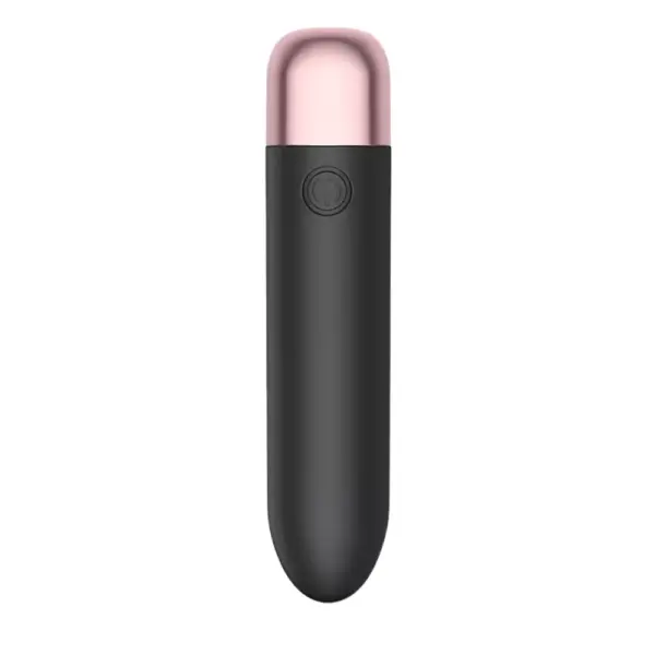 Matte black Mini Muse 14 Speeds Portable Bullet Vibrator with rose-gold cap, front view against white.