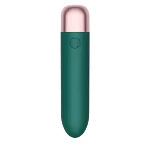 Green Mini Muse 14 Speeds Portable Bullet Vibrator with rose-gold cap, displayed upright on white.