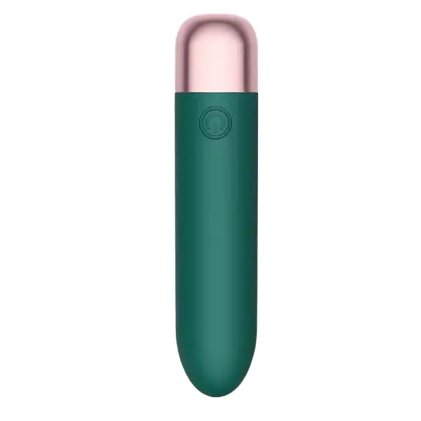 Green Mini Muse 14 Speeds Portable Bullet Vibrator with rose-gold cap, displayed upright on white.