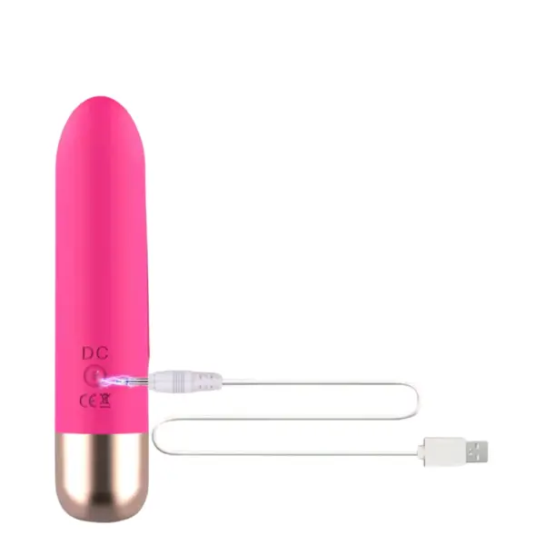 Pink Mini Muse 14 Speeds Portable Bullet Vibrator connected to USB charging cable, shown on white background.