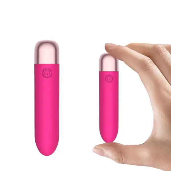 Pink Mini Muse 14 Speeds Portable Bullet Vibrator next to a smaller bullet vibrator held between thumb and forefinger for scale.