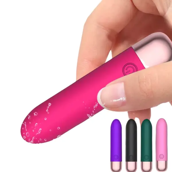 Hand holding the Candy Pink Mini Muse 14 Speeds Portable Bullet Vibrator with water droplets at the tip, alongside swatches of the four available colors: purple, black, green, and pink.