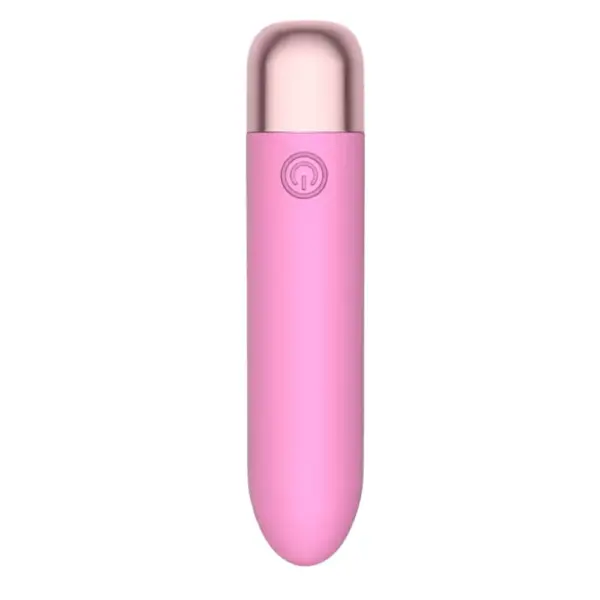 Soft pastel pink Mini Muse 14 Speeds Portable Bullet Vibrator with rose-gold cap, front view on white.