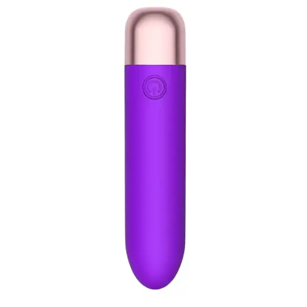 Vibrant purple Mini Muse 14 Speeds Portable Bullet Vibrator with rose-gold cap, front view on plain white.