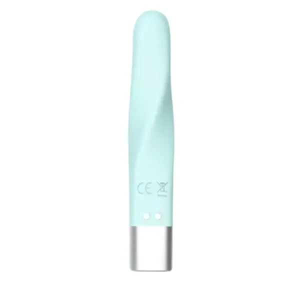 Rear view of the Pocket Passion USB Rechargeable Mini Bullet Vibrator showing CE marking and dual magnetic charging contacts on the silver base.