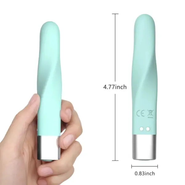 Hand holding the Pocket Passion USB Rechargeable Mini Bullet Vibrator to illustrate scale, paired with a dimensional diagram showing 4.77 inches in length and 0.83 inch in diameter.
