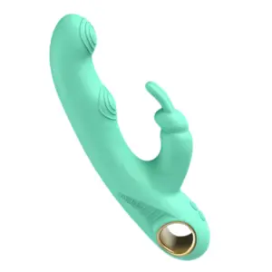 Mint-green 3 in 1 rabbit vibrator shown at an angle, featuring a curved shaft with three raised vibration nodules, a flexible rabbit-ear clitoral stimulator, and a gold-trimmed finger-loop handle with two control buttons.