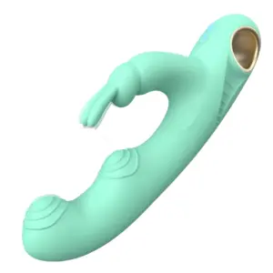 Close-up view of the 3 in 1 rabbit vibrator’s curved shaft with concentric vibration nodules, the flexible rabbit ear stimulator reaching back toward the handle, and the gold-trimmed handle loop—showing its three distinct stimulation points.