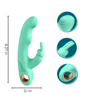 Vertical layout of the Whisper Whim with dimensions marked (8.27 in tall × 3.1 in wide) alongside three inset circles highlighting the shaft’s vibration nodules, the rabbit-ear attachment, and the gold-trimmed finger loop on the handle.