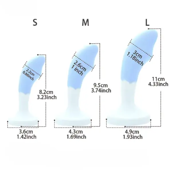 Dimension guide for the Blue and White Silicone Plug-Gentle Vice shows small (8.2 cm long × 2.2 cm wide), medium (9.5 cm × 2.6 cm), and large (11 cm × 3 cm) plugs, each with base diameters of 3.6 cm, 4.3 cm, and 4.9 cm respectively. Dashed red lines and inch conversions clearly mark every measurement to help choose the perfect fit.