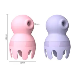 Side-by-side size comparison of the pink and purple Licker and Sucker Vibrator - Octopussy, with dimensions showing 108mm height and 68mm width, and a 12mm suction head diameter.