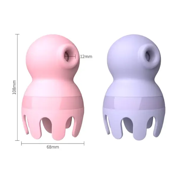 Side-by-side size comparison of the pink and purple Licker and Sucker Vibrator - Octopussy, with dimensions showing 108mm height and 68mm width, and a 12mm suction head diameter.