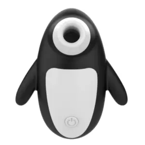 Front view of the Artic Lust 10 Modes Suction Vibrator in penguin-inspired black and white, showing the circular suction nozzle at the top and the central power button on the white belly.