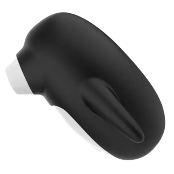 Angled side profile of the Artic Lust 10 Modes Suction Vibrator, emphasizing its smooth black silicone exterior, integrated suction nozzle, and easy-grip white belly panel.