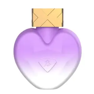 Front view of the 10 Modes Discreet Suction Vibes-Princess perfume device shaped like a gradient lavender-to-white heart topped with a gold-etched square cap, showcasing the discreet silicone suction nozzle at one corner. The elegant, perfume-inspired silhouette conceals a powerful 10-mode suction mechanism for all-over clitoral stimulation.
