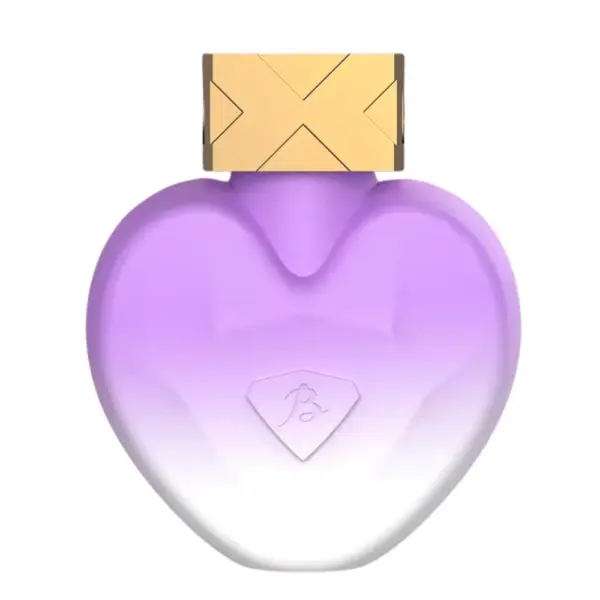 Front view of the 10 Modes Discreet Suction Vibes-Princess perfume device shaped like a gradient lavender-to-white heart topped with a gold-etched square cap, showcasing the discreet silicone suction nozzle at one corner. The elegant, perfume-inspired silhouette conceals a powerful 10-mode suction mechanism for all-over clitoral stimulation.