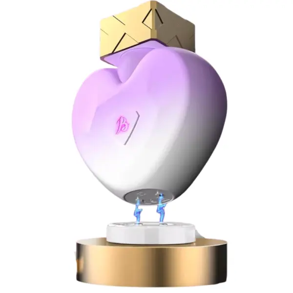 The 10 Modes Discreet Suction Vibes-Princess perfume device hovers over its gold magnetic charging base with glowing blue indicators, illustrating the wireless charging feature. This shot underscores the cordless convenience and premium charging experience built into its compact, perfume-bottle form.