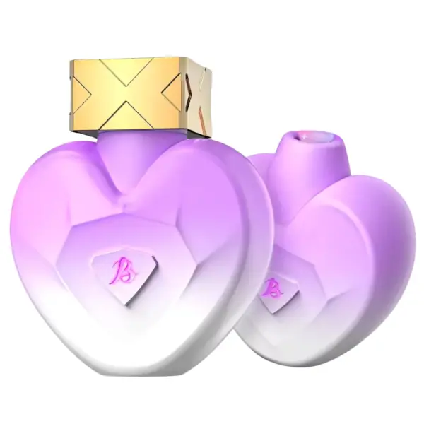 Two 10 Modes Discreet Suction Vibes-Princess perfume units are displayed side by side to highlight front and back profiles of the heart-shaped design, complete with an embossed “B” logo and angled suction nozzle. This dual-view emphasizes the ergonomic curve and luxury-inspired finish that make it look like a high-end fragrance.