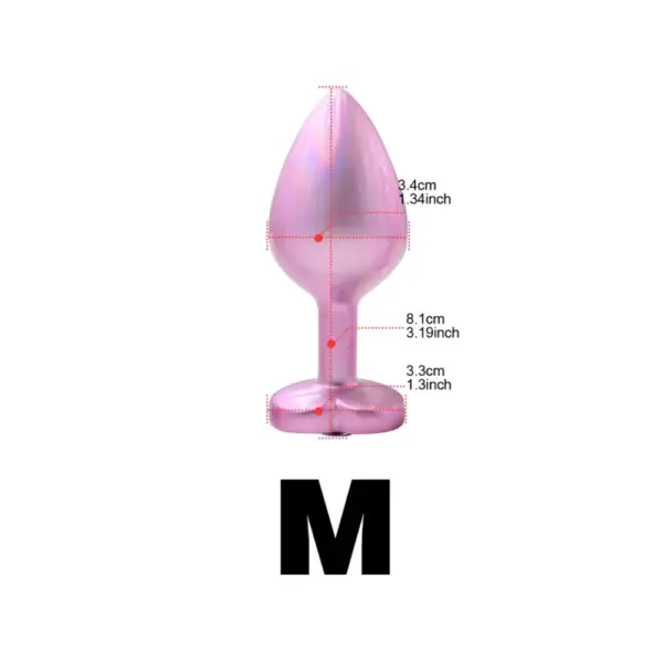 Sizing diagram of the medium Pink Peep butt plug showing 3.4 cm (1.34″) maximum diameter, 8.1 cm (3.19″) total length, and 3.3 cm (1.3″) base width, with measurement callouts on a white background.
