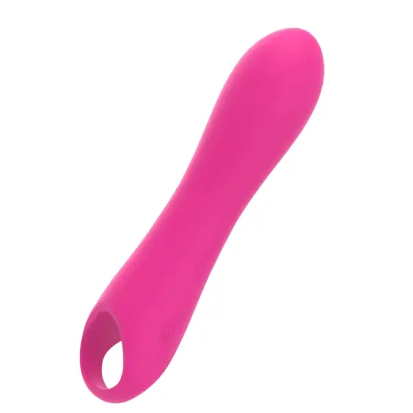 The Silicone Flexible Dildo Vibrator from Quiver Queen shown in a smooth, vibrant pink design with a tapered tip and looped handle for easy control.