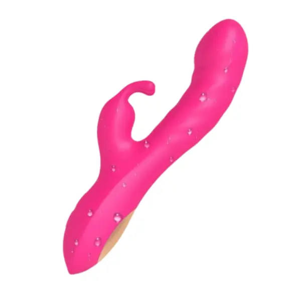 Velvet Whim’s Realistic Curved Bunny Vibrator shown with water droplets on the surface, emphasizing its waterproof silicone build for bath and shower use.