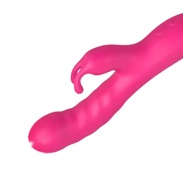 Close-up of the Velvet Whim Realistic Curved Bunny Vibrator highlighting the curved shaft and soft bunny ear stimulator designed for targeted clitoral pleasure.
