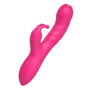 The Velvet Whim Realistic Curved Bunny Vibrator in vibrant pink, featuring a lifelike textured shaft with a curved tip and dual flexible bunny ears for blended stimulation.
