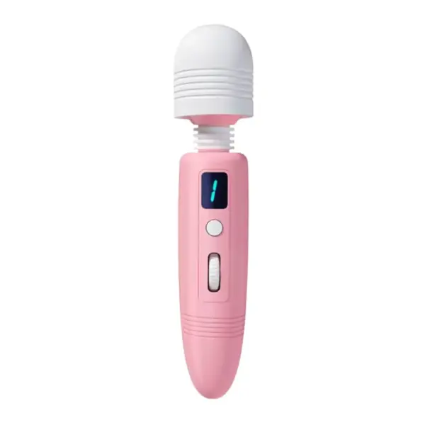 Pink Flexible Head Wand Vibrator – Flirtini standing upright, with a white flexible head and its digital LED display reading “1” on the handle beneath the power button.