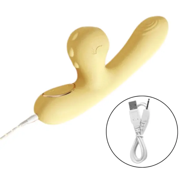 Small Heated Bunny Vibrator Sugar Rush shown with USB charging cable and port view