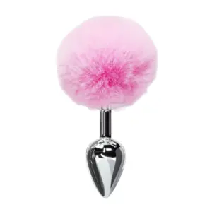 Flirtbud Rabbit Tail Metal Butt Plug in soft pink showing the fluffy faux-fur tail and polished stainless-steel plug tip