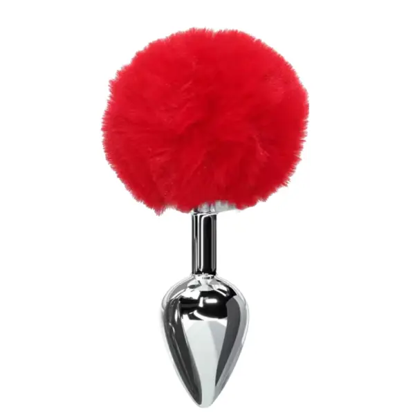 Flirtbud Rabbit Tail Metal Butt Plug in vibrant red featuring the plush faux-fur tail perched atop the chrome metal plug