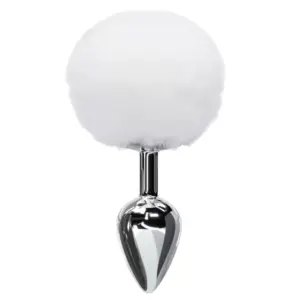 Flirtbud Rabbit Tail Metal Butt Plug with a white fluffy faux-fur tail and reflective metal butt plug shaft