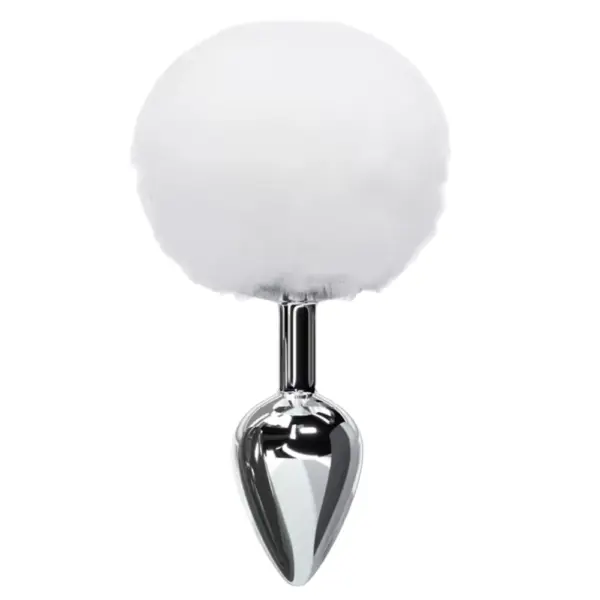Flirtbud Rabbit Tail Metal Butt Plug with a white fluffy faux-fur tail and reflective metal butt plug shaft