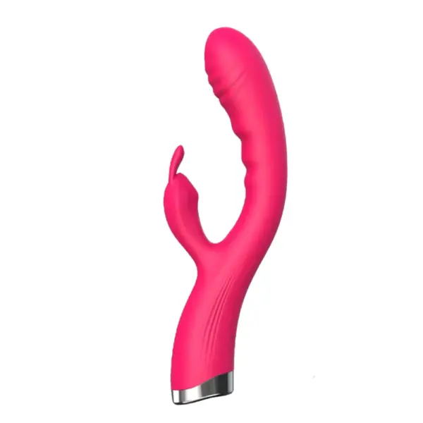 Angled view of the pink Flutter Flick vibrator showing its gently curved silicone shaft with textured ridges and a small rabbit-style clitoral stimulator arm.