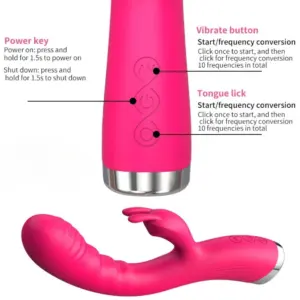 Close-up of the vibrator’s handle highlighting three raised buttons labeled for power on/off, vibration mode selection, and tongue-lick function.