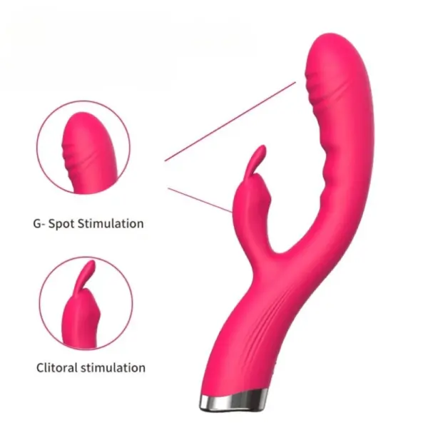 Diagram of the pink Flutter Flick vibrator pinpointing the raised G-spot tip on the inner curve and the small clitoral stimulation arm on the outer side.