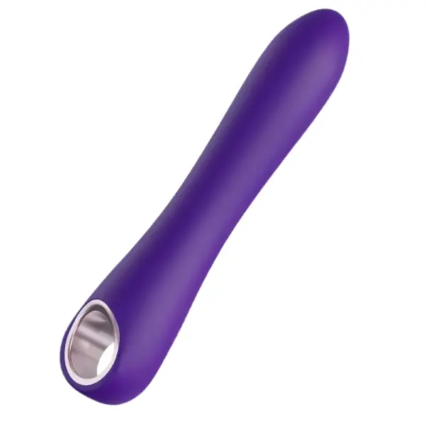 The Vibrant Vixen 10 Frequencies Silicone Vibrating Dildo in rich purple, shown at an angle to highlight its contoured silicone body and elegant metallic-accented handle.
