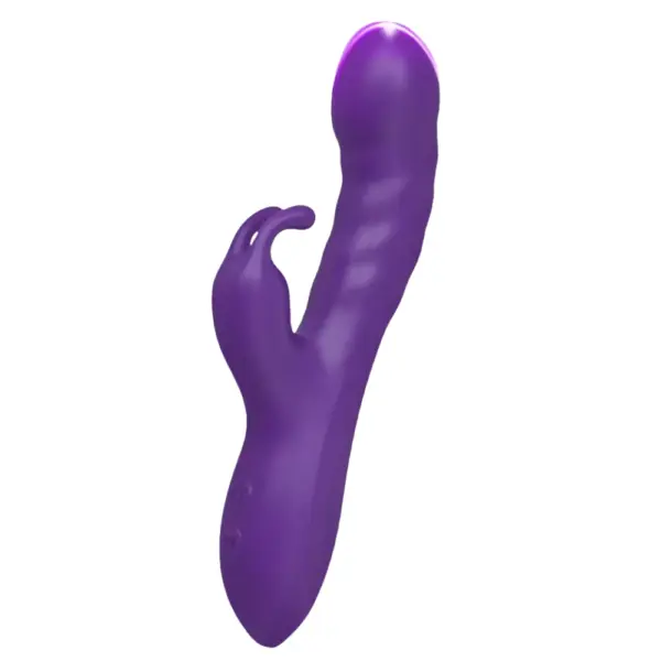 Purple Velvet Whim Realistic Curved Bunny Vibrator, designed with a gently arched shaft, ribbed texture, and clitoral stimulator shaped like bunny ears.