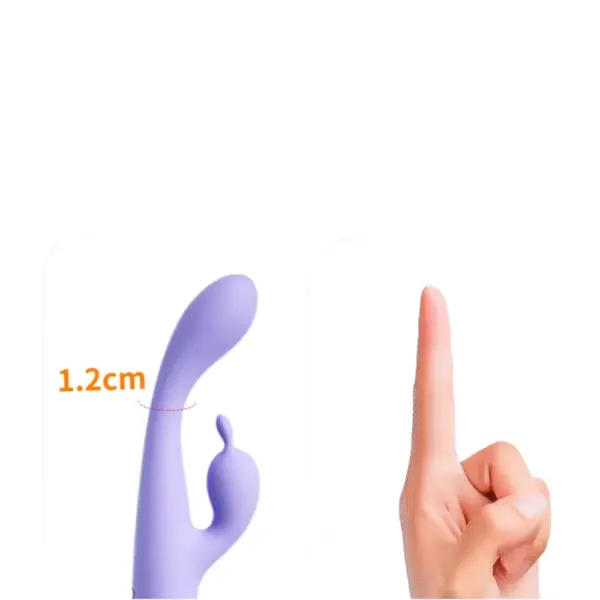 Close-up of the Twinkle Tease vibrator’s shaft in violet measuring 1.2 cm in diameter, shown beside a human fingertip for scale on a white background.
