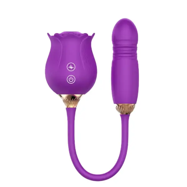 Purple silicone rose-shaped clitoral stimulator attached via a flexible purple cable to a matching bullet vibrator, displayed on a white background.