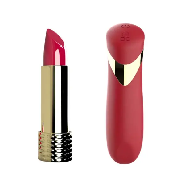 Side-on profile of the red Cheeky Charm bullet vibrator, showcasing its elongated bullet shape, smooth contoured silhouette, and reflective gold band near the base.